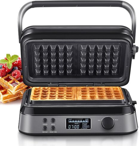 Reemix 1600W Double Belgian Waffle Maker | LCD Display, 5 Preset Programs, 7 Browning Levels, Countdown Timer, More Time Function, Nonstick Plates, Overflow Channel in Saudi Arabia
