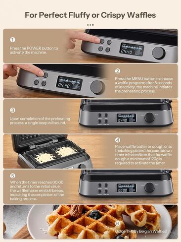 Reemix 1600W Double Belgian Waffle Maker | LCD Display, 5 Preset Programs, 7 Browning Levels, Countdown Timer, More Time Function, Nonstick Plates, Overflow Channel in Saudi Arabia