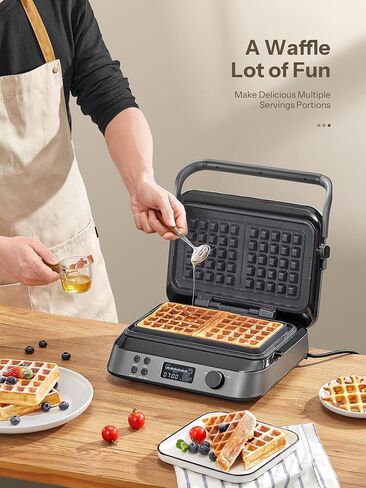 Reemix 1600W Double Belgian Waffle Maker | LCD Display, 5 Preset Programs, 7 Browning Levels, Countdown Timer, More Time Function, Nonstick Plates, Overflow Channel in Saudi Arabia