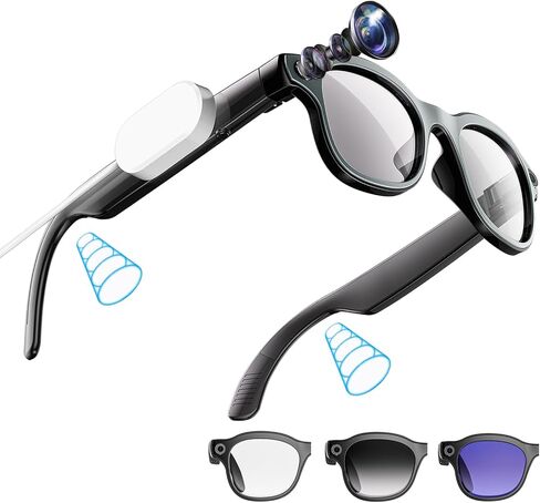 Smart AI Glasses with Camera, 4K HD Video & 8MP Photo Capture, Real-Time Translation, Recording Glasses, Wireless Charging, Voice Assistant, Open-Ear Audio, Object Recognition, Bluetooth, 3 Lens in Saudi Arabia