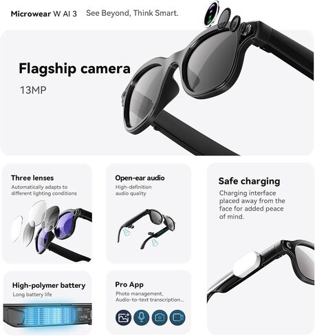 Smart AI Glasses with Camera, 4K HD Video & 8MP Photo Capture, Real-Time Translation, Recording Glasses, Wireless Charging, Voice Assistant, Open-Ear Audio, Object Recognition, Bluetooth, 3 Lens in Saudi Arabia