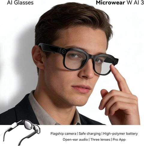 Smart AI Glasses with Camera, 4K HD Video & 8MP Photo Capture, Real-Time Translation, Recording Glasses, Wireless Charging, Voice Assistant, Open-Ear Audio, Object Recognition, Bluetooth, 3 Lens in Saudi Arabia