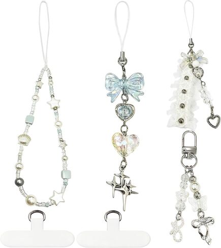 6Pcs Phone Charms with Rhinestone Bow, Beaded Bracelet Style, Kawaii, Type-C, for Wallet, Bag, Camera, Airpods in Saudi Arabia