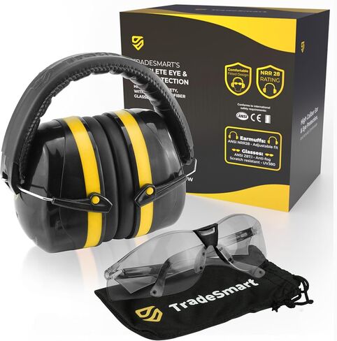 TradeSmart Shooting Ear Protection for Gun Range, NRR 28 Earmuffs & Eyewear | Stay comfortable: safety-glass arms sit beneath soft cushions; anti-fog UV400 lenses help stay clear, and muffs fold down. in Saudi Arabia