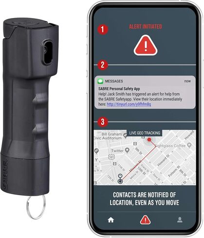 Sabre SMART Pepper Spray 2.0 w/Emergency Location Alerts, Maximum Police Strength OC Spray, Up to 3X Protection, 10 Second Spray Time, Fast Flip Top, Finger Grip, Up to 14 ft Range, App Connectivity in Saudi Arabia