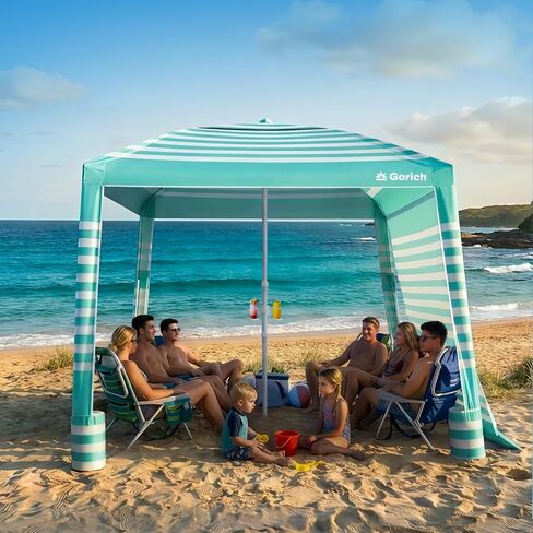 Gorich Beach Cabana with UPF50+ UV Protection, 8x8 FT/10x10 FT Beach Canopy Tent with Side Wall, Easy Setup, Windproof Portable Sun Shelter Shade for Family in Saudi Arabia