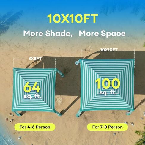 Gorich Beach Cabana with UPF50+ UV Protection, 8x8 FT/10x10 FT Beach Canopy Tent with Side Wall, Easy Setup, Windproof Portable Sun Shelter Shade for Family in Saudi Arabia
