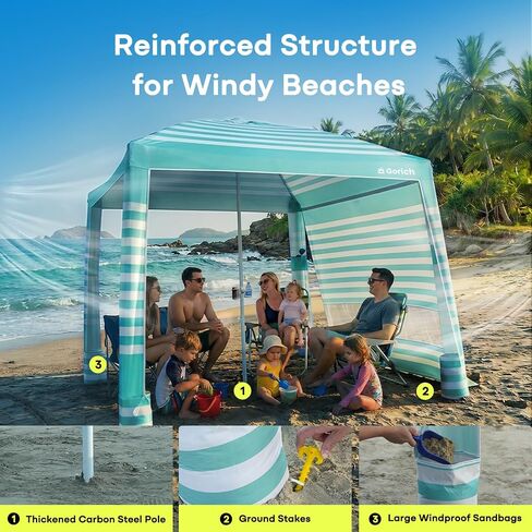 Gorich Beach Cabana with UPF50+ UV Protection, 8x8 FT/10x10 FT Beach Canopy Tent with Side Wall, Easy Setup, Windproof Portable Sun Shelter Shade for Family in Saudi Arabia