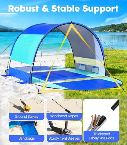 Rhino Valley Beach Tent with Double Zippered Doors, Beach Tent Sun Shelter with UPF50+ UV Protection, Beach Canopy Portable Storage Bag for Beach Camping Fishing, for 2-3 People in Saudi Arabia