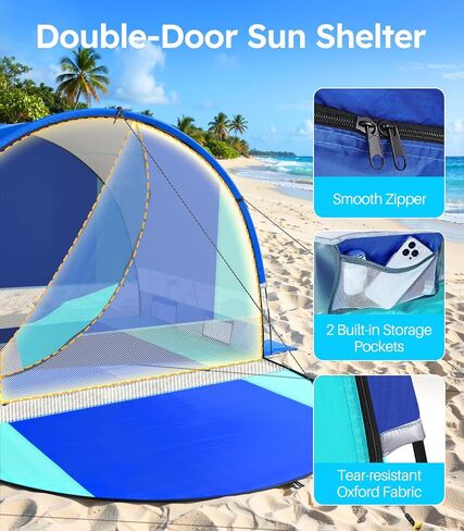 Rhino Valley Beach Tent with Double Zippered Doors, Beach Tent Sun Shelter with UPF50+ UV Protection, Beach Canopy Portable Storage Bag for Beach Camping Fishing, for 2-3 People in Saudi Arabia