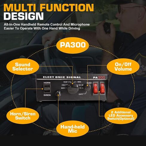 12V 100W Emergency Siren PA System Kit - 108-134dB Slim Speaker, 6 Sound Modes (Yelp/Wail/Hi-Lo), Vehicle Pa System with PTT Mic & Radio Input for Police Fire Tow Trucks UTV ATV | 108-134dB Slim Speaker, 6 Modes (Yelp/Wail/Hi-Lo), IP66 Waterproof Vehicle  in Saudi Arabia