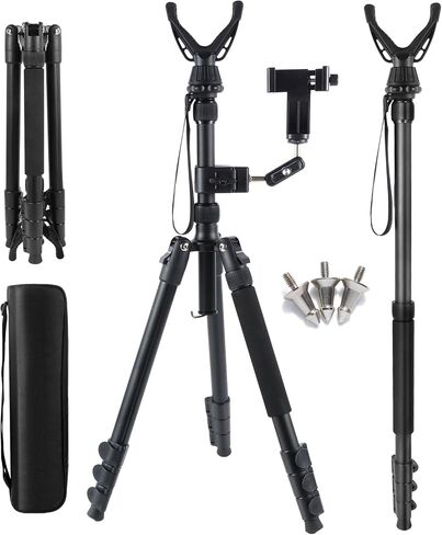 69" Adjustable Rifle Tripod Stand, Aluminum Shooting Tripod with V Yoke Gun Rest, 2 in 1 Hunting Tripod with Flexible Magic Arm for Cellphone and Action Camera, Extra Metal Spike and Carry Bag in Saudi Arabia