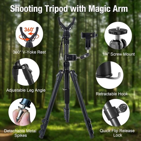 69" Adjustable Rifle Tripod Stand, Aluminum Shooting Tripod with V Yoke Gun Rest, 2 in 1 Hunting Tripod with Flexible Magic Arm for Cellphone and Action Camera, Extra Metal Spike and Carry Bag in Saudi Arabia