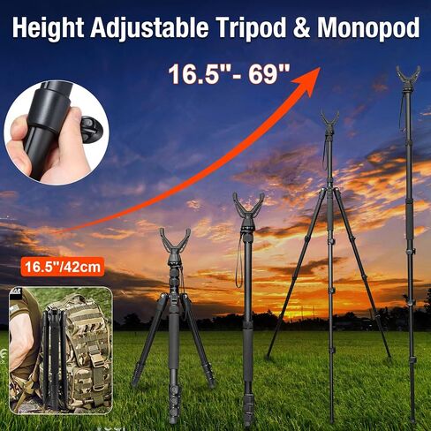 69" Adjustable Rifle Tripod Stand, Aluminum Shooting Tripod with V Yoke Gun Rest, 2 in 1 Hunting Tripod with Flexible Magic Arm for Cellphone and Action Camera, Extra Metal Spike and Carry Bag in Saudi Arabia