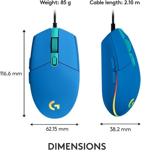 Logitech G203 Wired Gaming Mouse, 8,000 DPI, Rainbow Optical Effect LIGHTSYNC RGB, 6 Programmable Buttons, On-Board Memory, Screen Mapping, PC/Mac Computer and Laptop Compatible - Blue (Renewed) in Kuwait