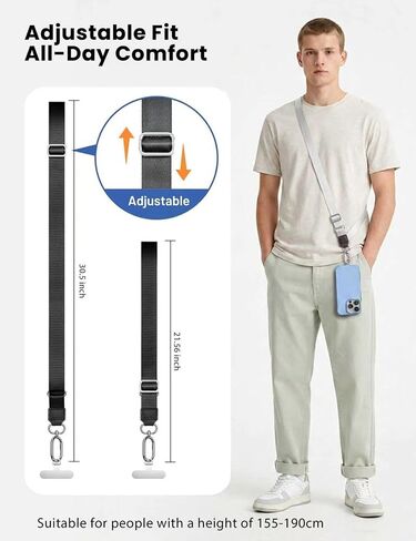 2Pcs Adjustable Phone Lanyard with Pads, Crossbody Phone Strap(Black+White) | Thickened Metal Hook & D-Ring, Longer Style(21.5" to 30.5"), Anti-Theft, Anti-Dropped, Gift, for iPhone 16, Smartphone,Travel in Saudi Arabia