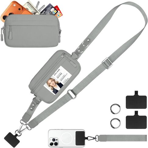 حزام Clip and Go للهاتف مع محفظة حول الجسم، حبل هاتف قابل للتعديل والفصل مع محفظة معصم RFID، نافذة لبطاقة الهوية، سحاب، حزام هاتف عالمي لجميع الهواتف، أسود (M) in Kuwait