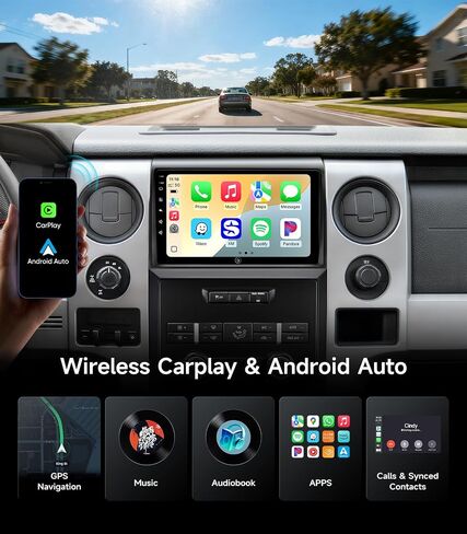 ستيريو راديو السيارة لسيارة Ford F150 2009-2014، Wireless CarPlay Android Auto | شاشة لمس IPS HD مقاس 9 بوصات، وتخزين 64 جيجا، و5G WiFi GPS، وBluetooth FM AM SWC، والتوصيل والتشغيل، وكاميرا احتياطية بدقة 1080 بكسل in Kuwait