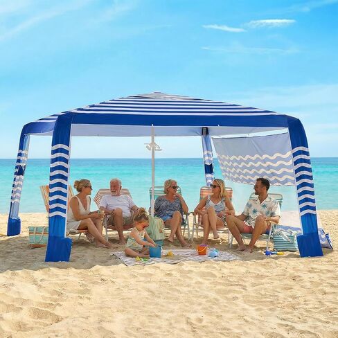 Zeraty Beach Cabana 8'×8', Portable Beach Canopy with Side Wall, UPF 50+ Silver-Coated Beach Tent Sun Shelter Easy Pop Up, Wind Resistant Adjustable Height Beach Umbrella Tent for Family, Navy Blue in Kuwait