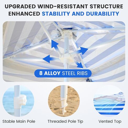 Zeraty Beach Cabana 8'×8', Portable Beach Canopy with Side Wall, UPF 50+ Silver-Coated Beach Tent Sun Shelter Easy Pop Up, Wind Resistant Adjustable Height Beach Umbrella Tent for Family, Navy Blue in Kuwait