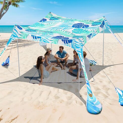 2PM SPORTS Beach Tent Sun Shelter - UPF 50+ UV Protection, 8 Sandbags, Easy Setup, Portable Beach Shade Canopy for Family Picnic Camping Travel (Striped Blue, 10x10 FT) in Saudi Arabia
