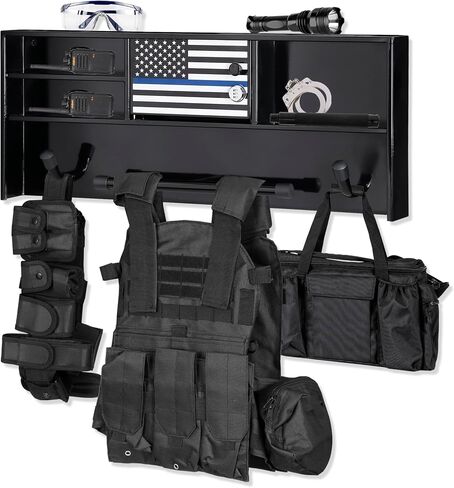 Police Gear Stand, Police Hanger, Tactical Duty Gear Rack with 3 Hooks, Free-Standing All Iron Frame Police Gift Decor with Flag, Black, Come Home Safe in Saudi Arabia