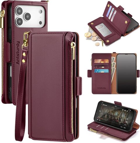 Antsturdy for iPhone 17 Pro Phone Wallet Case Women,Wine Red | RFID Blocking,with Credit Card Holder Slots,PU Leather Purse,Zipper Pocket,Wrist Strap Kickstand,Flip Folio Cover for Men in Saudi Arabia