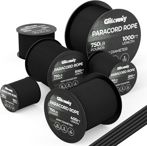 Paracord Rope 750lb Parachute Cord 4MM 12-Strand para Cord - Heavy Duty Spool String for Survival,Camping Gear, Survival Bracelet, Clothesline Clothes line Outdoors (Black, 200FT) in Saudi Arabia
