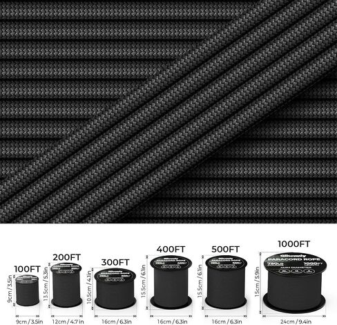 Paracord Rope 750lb Parachute Cord 4MM 12-Strand para Cord - Heavy Duty Spool String for Survival,Camping Gear, Survival Bracelet, Clothesline Clothes line Outdoors (Black, 200FT) in Saudi Arabia