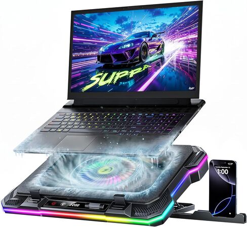 AICHESON RGB Laptop Cooling Pad for 15-19 Inch Laptops, Gaming Laptop Cooler with 140mm High Speed Fan (300-2200 RPM), Phone Holder, Black in Kuwait