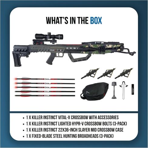 Killer Instinct Vital-X Crossbow Bundle with Lighted Bolts and Broadheads | DC Triggerbox Hand Decocking System, X-Cam System with Up to 415 FPS, Lighted Bolts, Broadheads, and more in Saudi Arabia