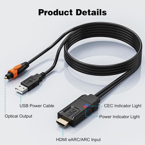 Tendak 192KHz HDMI eARC/ARC to Optical Audio Converter | 1.8m/5.9ft HDMI eARC/ARC to Optical Cable, Support PCM2.0, Dolby 5.1, DTS, AC3, for TV to Soundbar Amplifier Speaker in Saudi Arabia