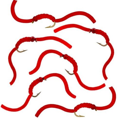 6 Pc Squirmy Wormy Set, San Juan Red Size #12 - Wet Worm Fly Fishing Flies for Trout, Panfish, Bass in Saudi Arabia