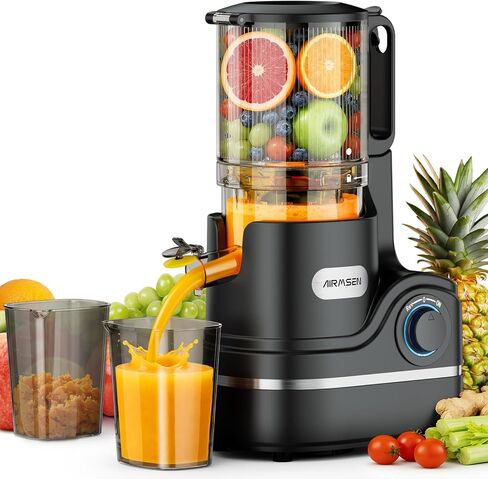 AIRMSEN Juicer Machines, 5.8" Large Feed Chute Cold Press Juicer, 300W | Slow Juicer for Whole Fruit & Vegetable, 7+1-Stage New Upgraded Auger Slow Masticating High Yield, Easy to Clean Black in Saudi Arabia
