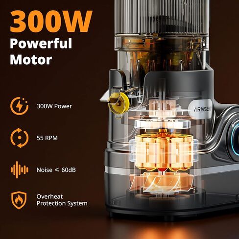 AIRMSEN Juicer Machines, 5.8" Large Feed Chute Cold Press Juicer, 300W | Slow Juicer for Whole Fruit & Vegetable, 7+1-Stage New Upgraded Auger Slow Masticating High Yield, Easy to Clean Black in Saudi Arabia