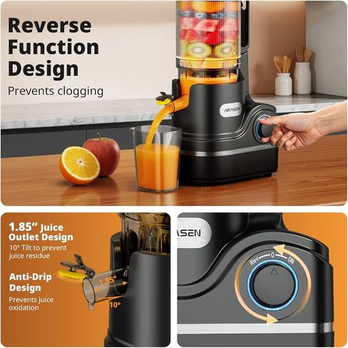 AIRMSEN Juicer Machines, 5.8" Large Feed Chute Cold Press Juicer, 300W | Slow Juicer for Whole Fruit & Vegetable, 7+1-Stage New Upgraded Auger Slow Masticating High Yield, Easy to Clean Black in Saudi Arabia