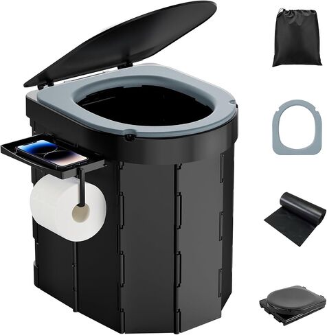PAHTTO Portable Camping Toilet, Foldable Toilet for Adults with Detachable Phone Shelf and Toilet Paper Holder, Waterproof Porta Potty with Lid for Camping, Hiking, RV Travel, Road Trips in Kuwait