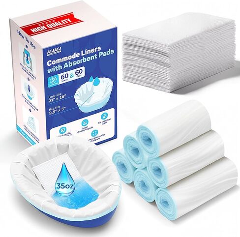 60 Packs Commode Liners With 60 Absorbent Pads, Leak-Proof Disposable Toilet Bags for Adults, Fits All Bedside Toilet Chairs Bucket, Portable Potty Liners for Home Medical Use, No Mess Cleanup in Saudi Arabia