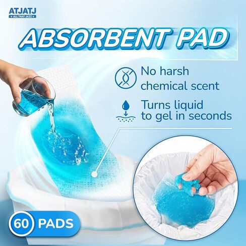 60 Packs Commode Liners With 60 Absorbent Pads, Leak-Proof Disposable Toilet Bags for Adults, Fits All Bedside Toilet Chairs Bucket, Portable Potty Liners for Home Medical Use, No Mess Cleanup in Saudi Arabia