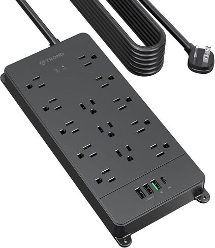TROND Surge Protector Power Strip 5ft Cord, 4000J, 4 USB, ETL Listed, Black | 13 Widely-Spaced Outlets Expansion with USB C Ports, Low-Profile Flat Plug, Wall Mount, Extension Cord, 14AWG Heavy Duty in Kuwait