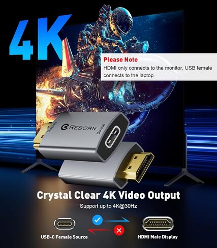 محول USB C أنثى إلى HDMI ذكر من Reborn، 4K أحادي الاتجاه | محول عرض USB من النوع C إلى HDMI Thunderbolt 3/4 إلى HDMI لأجهزة MacBook Pro/Air، Galaxy S9 إلى S23، Surface - عبوة واحدة in Kuwait