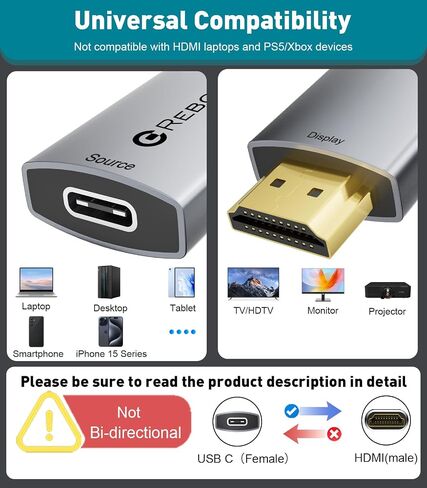 محول USB C أنثى إلى HDMI ذكر من Reborn، 4K أحادي الاتجاه | محول عرض USB من النوع C إلى HDMI Thunderbolt 3/4 إلى HDMI لأجهزة MacBook Pro/Air، Galaxy S9 إلى S23، Surface - عبوة واحدة in Kuwait