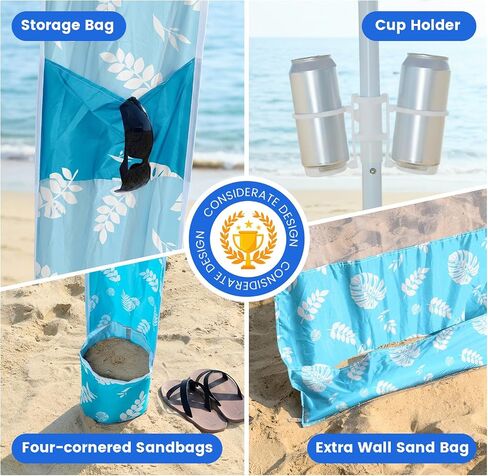 Zeraty Beach Cabana 8'×8', Portable Beach Canopy with Side Wall, UPF 50+ Silver-Coated Beach Tent Sun Shelter Easy Pop Up, Wind Resistant Adjustable Height Beach Umbrella Tent for Family, Lagoon in Kuwait