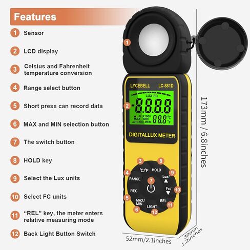 Digital Illuminance Light Meter, LC-881D Luxmeter Range up to 400,000 Lux with 270º Rotated Date Hold Max/Min Backlit for Photography Plant LED Light in Saudi Arabia