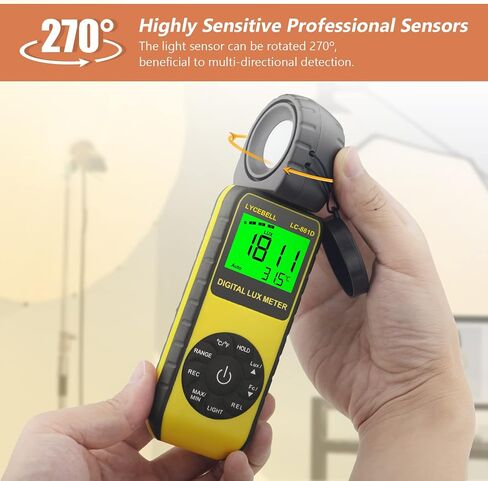 Digital Illuminance Light Meter, LC-881D Luxmeter Range up to 400,000 Lux with 270º Rotated Date Hold Max/Min Backlit for Photography Plant LED Light in Saudi Arabia