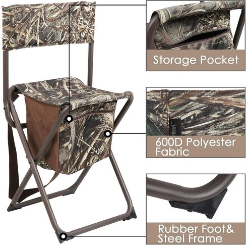 PORTAL Folding Seat, Lightweight Backrest Stool Hunting Fishing Chair with Storage Pocket for Camping, Hiking, Beach, Picnic, Support Up to 225 lbs, Camouflage in Kuwait