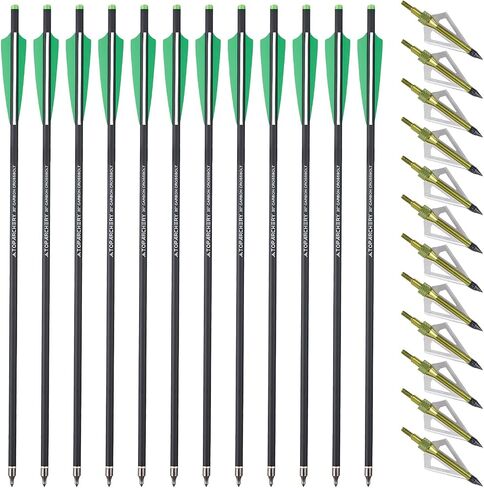 TOPARCHERY 12pcs 20inch Carbon Crossbow Arrows Crossbow Bolts with 4inch Vanes and 12pcs 3 Blades Archery Broadheads 100 Grain Screw-in Arrow Heads Arrow Tips in Saudi Arabia