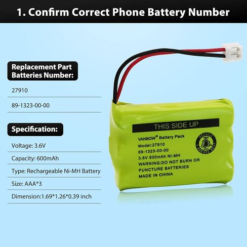 27910 Cordless Phone Battery for Motorola SD-7501 MD7161 AT&T 27910 89-1323-00-00 E1112 E2801 TL72108 Vtech I6725 RadioShack 23-959 Ni-MH 3.6V (Pack 2) in Saudi Arabia
