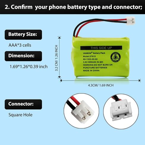 27910 Cordless Phone Battery for Motorola SD-7501 MD7161 AT&T 27910 89-1323-00-00 E1112 E2801 TL72108 Vtech I6725 RadioShack 23-959 Ni-MH 3.6V (Pack 2) in Saudi Arabia