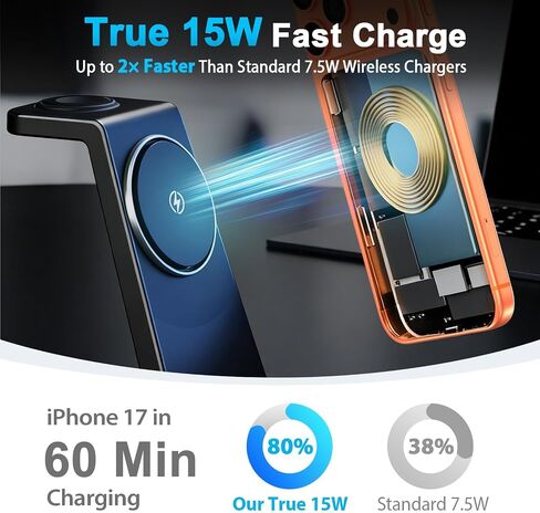 MagSafe Charger 15W Magnetic 3-in-1 Wireless Charging Station for Apple | Phone and Watch Charger for Apple Multiple Devices - iPhone Air 17 16 15 14 13 12 Pro Max, Watch and AirPods-Matte Black in Saudi Arabia